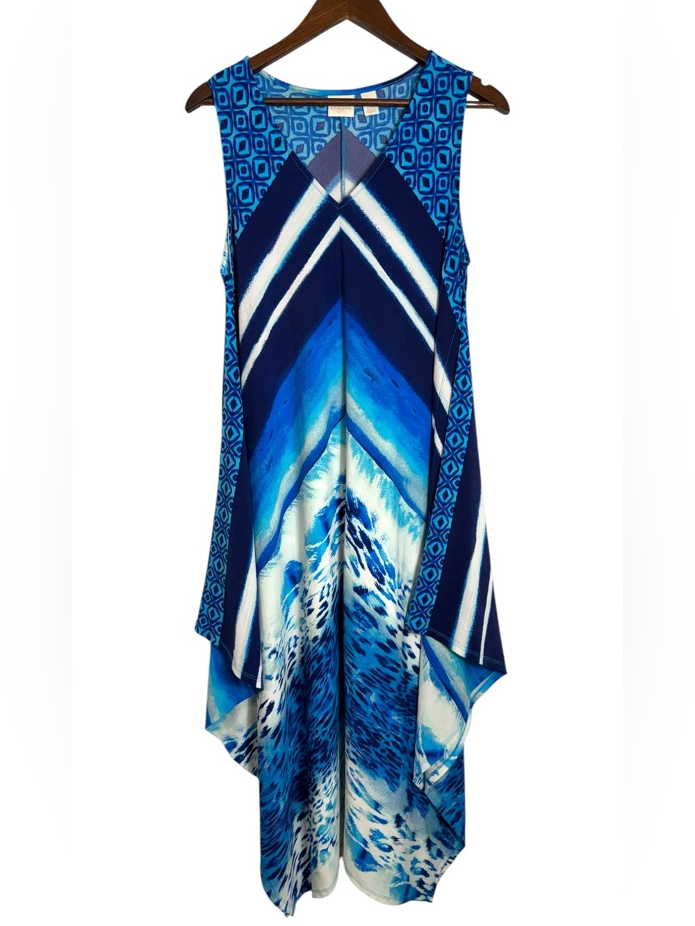 Chicos Blue Wave Sleeveless Winged Maxi Dress Stretch Size 2- Large Geometric